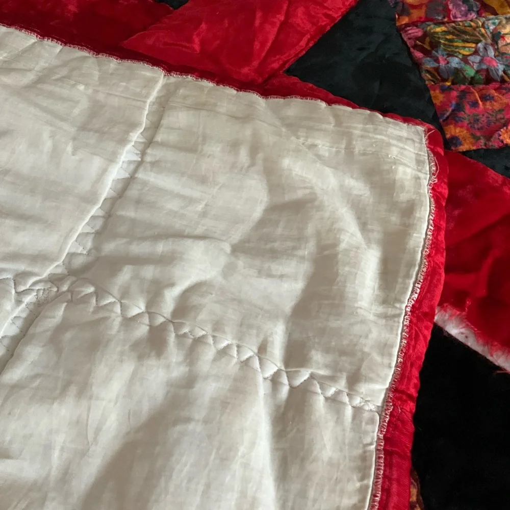 vtg HANDMADE Velvet Quilt Patchwork FLAWED Red Black